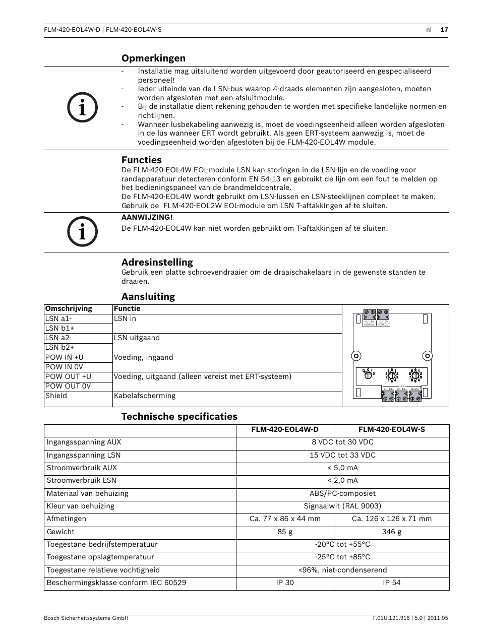 Opmerkingen, Functies, Adresinstelling | Aansluiting, Technische specificaties, Opmerkingen functies, Aansluiting technische specificaties | Bosch FLM-420-EOL4W EOL Module LSN User Manual | Page 17 / 24