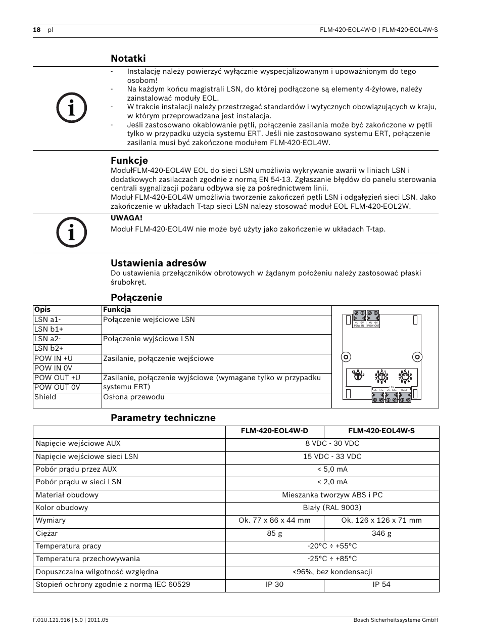 Notatki, Funkcje, Ustawienia adresów | Połączenie, Parametry techniczne, Notatki funkcje, Połączenie parametry techniczne | Bosch FLM-420-EOL4W EOL Module LSN User Manual | Page 18 / 24