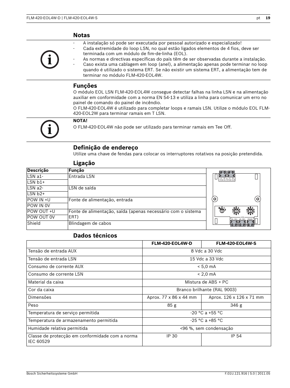 Notas, Funções, Definição de endereço | Ligação, Dados técnicos, Notas funções, Ligação dados técnicos | Bosch FLM-420-EOL4W EOL Module LSN User Manual | Page 19 / 24