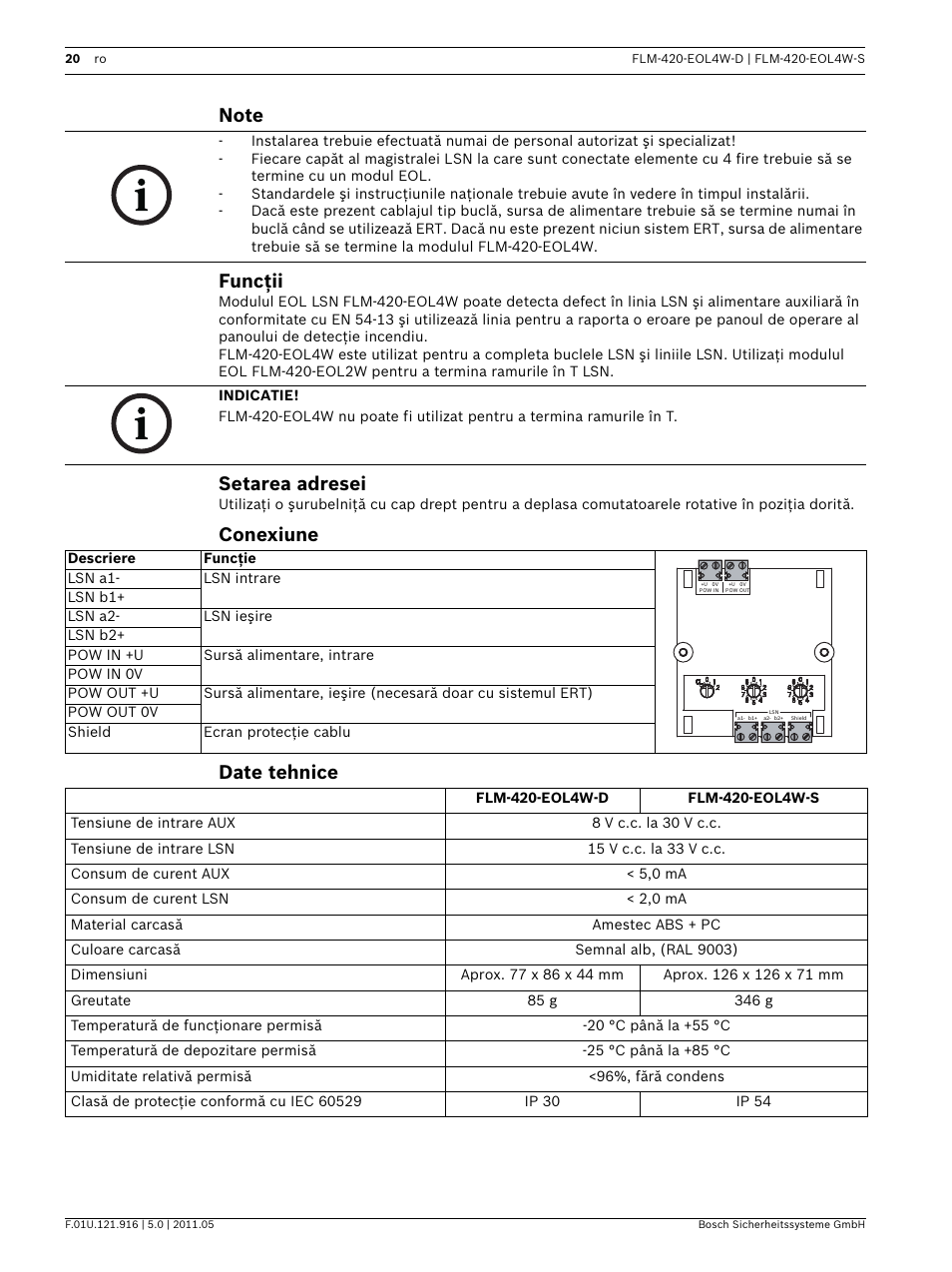 Note, Funcţii, Setarea adresei | Conexiune, Date tehnice, Conexiune date tehnice | Bosch FLM-420-EOL4W EOL Module LSN User Manual | Page 20 / 24