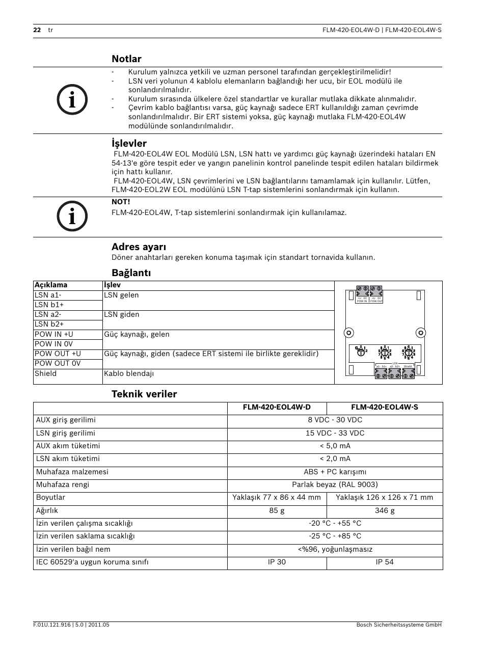 Notlar, Işlevler, Adres ayarı | Bağlantı, Teknik veriler, Notlar işlevler, Bağlantı teknik veriler | Bosch FLM-420-EOL4W EOL Module LSN User Manual | Page 22 / 24