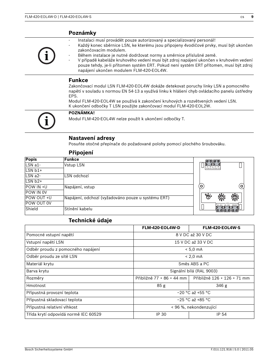 Poznámky, Funkce, Nastavení adresy | Připojení, Technické údaje, Poznámky funkce, Připojení technické údaje | Bosch FLM-420-EOL4W EOL Module LSN User Manual | Page 9 / 24