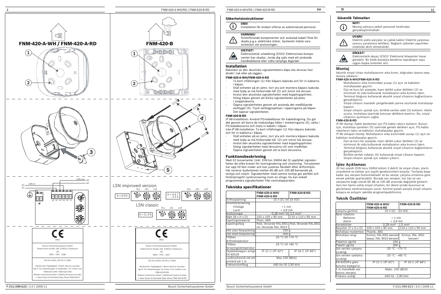 I! i, Lsn improved version lsn classic, Sv tr | Installation, Funktionsbeskrivning, Tekniska specifikationer, Montaj, Işlev açıklaması, Teknik özellikler | Bosch FNM-420-B-RD Sounder Outdoor, Red User Manual | Page 2 / 6