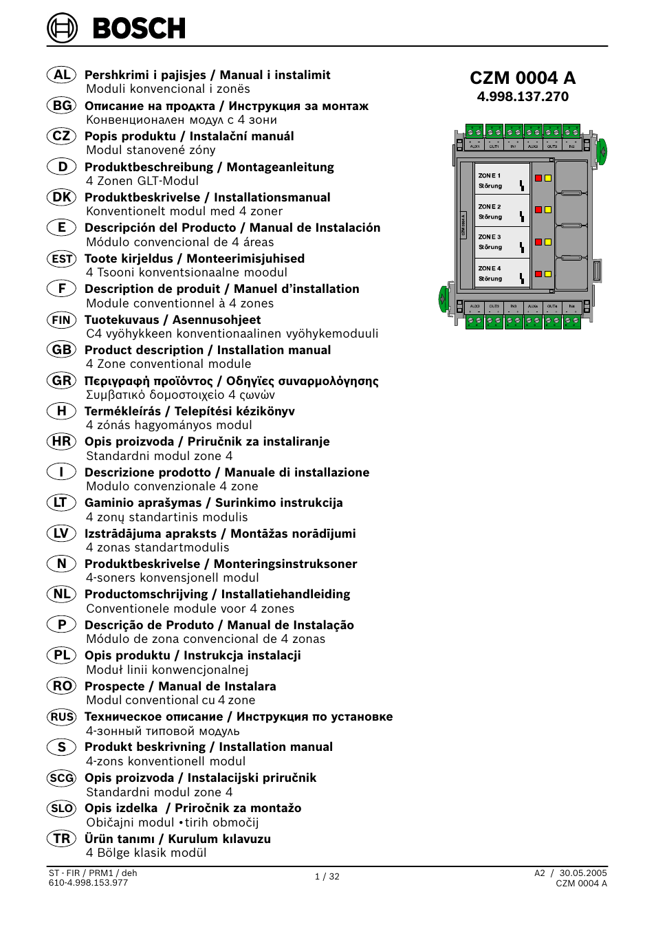 Bosch CZM 0004 A 4 Zone Conventional Module User Manual | 32 pages