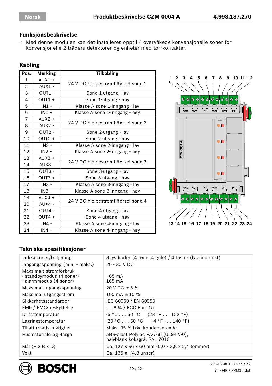 Bosch CZM 0004 A 4 Zone Conventional Module User Manual | Page 20 / 32