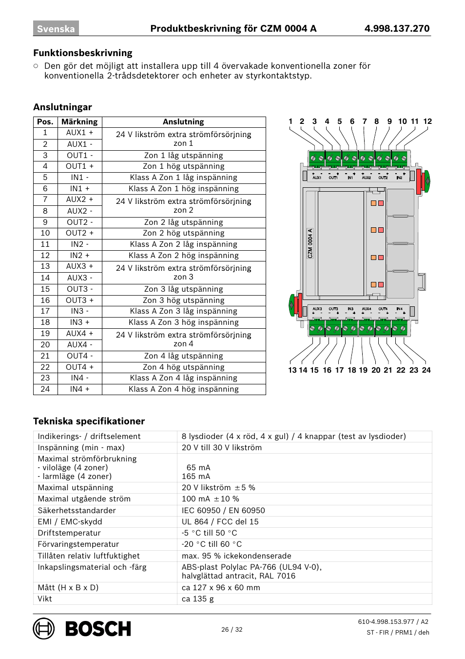Bosch CZM 0004 A 4 Zone Conventional Module User Manual | Page 26 / 32