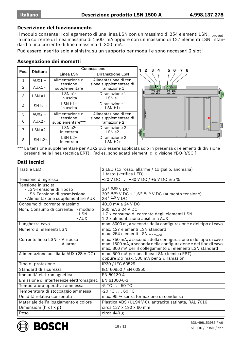 Descrizione del funzionamento, Assegnazione dei morsetti, Dati tecnici | Bosch LSN 1500 A LSN improved Module 1500 mA User Manual | Page 18 / 32