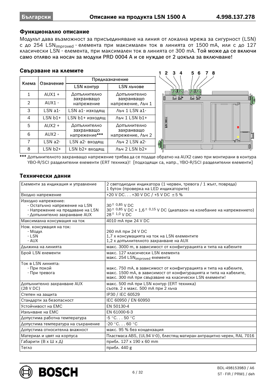 Функционално описание, Свързване на клемите, Технически данни | Bosch LSN 1500 A LSN improved Module 1500 mA User Manual | Page 6 / 32