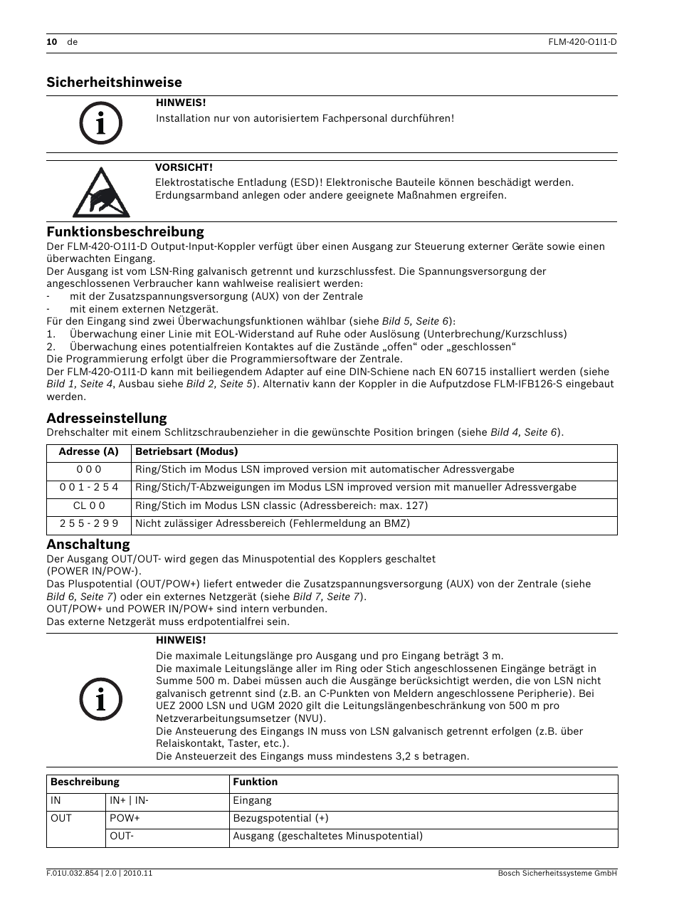 Sicherheitshinweise, Funktionsbeschreibung, Adresseinstellung | Anschaltung, Onsanleitung, Sicherheitshinweise funktionsbeschreibung | Bosch FLM-420-O1I1 Output-input Interface Modules User Manual | Page 10 / 40