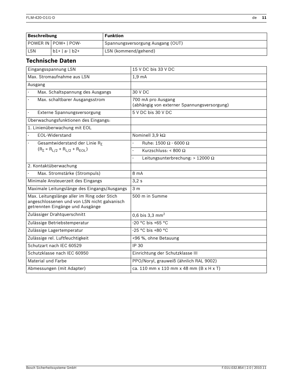 Technische daten | Bosch FLM-420-O1I1 Output-input Interface Modules User Manual | Page 11 / 40