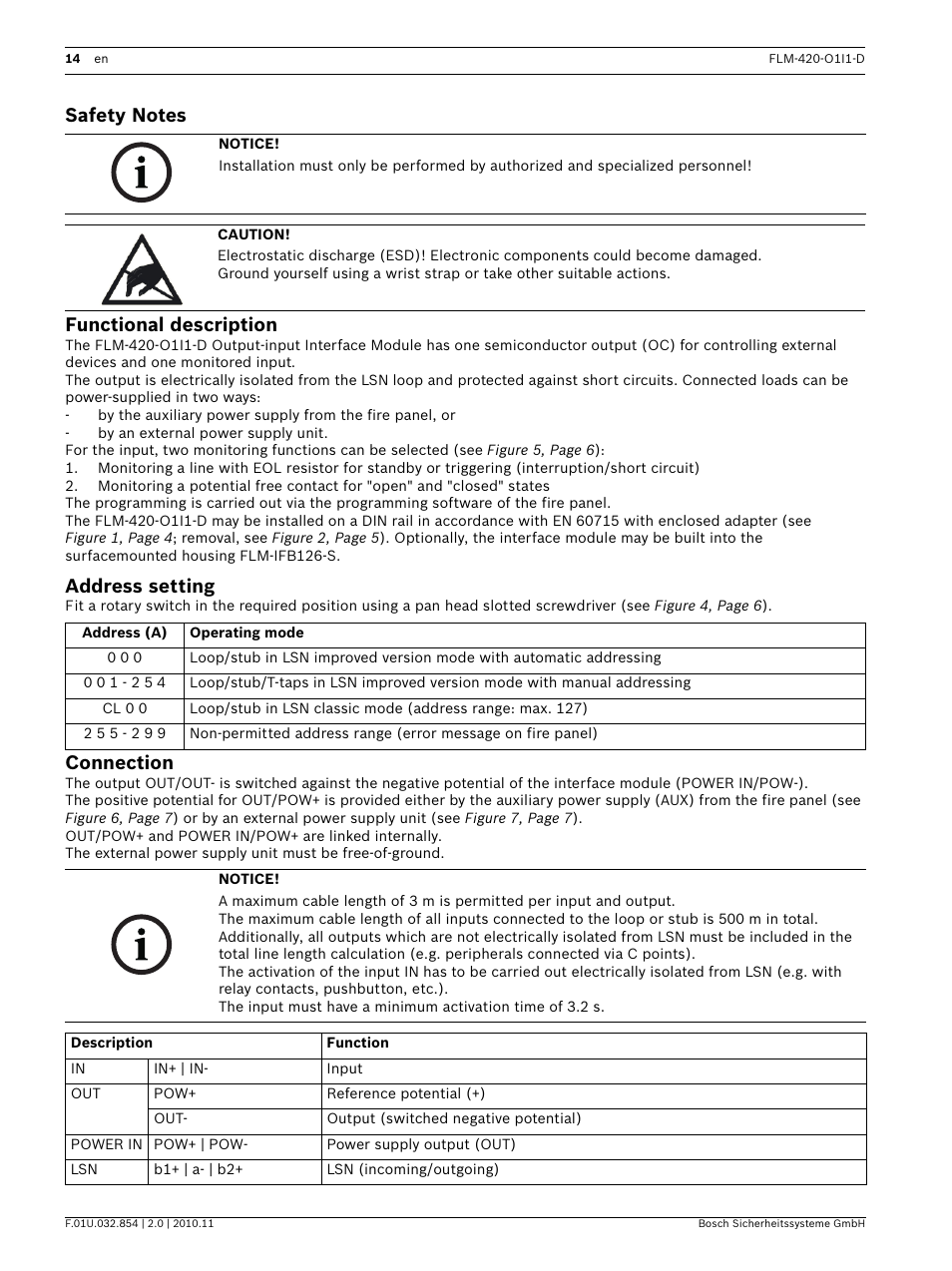 Safety notes, Functional description, Address setting | Connection | Bosch FLM-420-O1I1 Output-input Interface Modules User Manual | Page 14 / 40