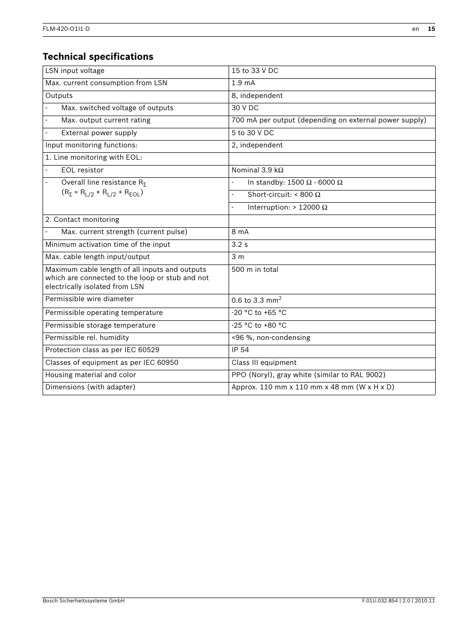 Technical specifications | Bosch FLM-420-O1I1 Output-input Interface Modules User Manual | Page 15 / 40