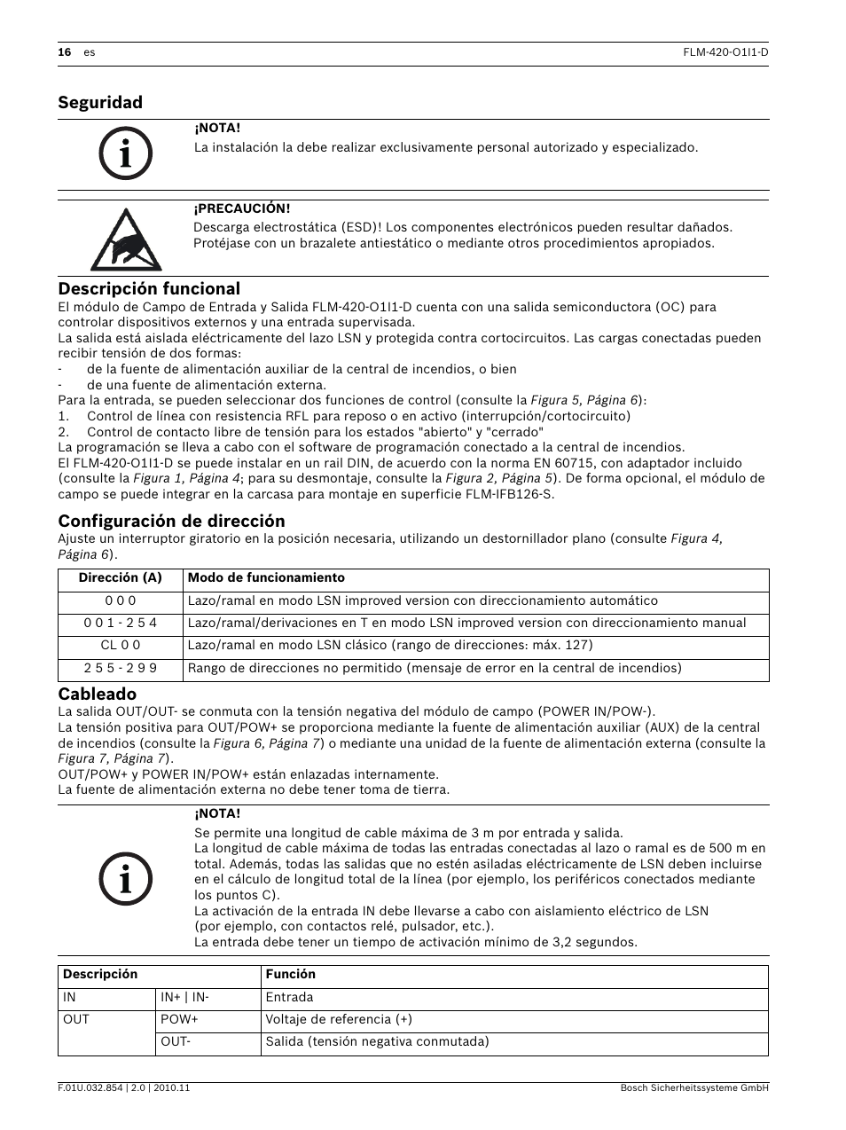 Seguridad, Descripción funcional, Configuración de dirección | Cableado, Seguridad descripción funcional | Bosch FLM-420-O1I1 Output-input Interface Modules User Manual | Page 16 / 40