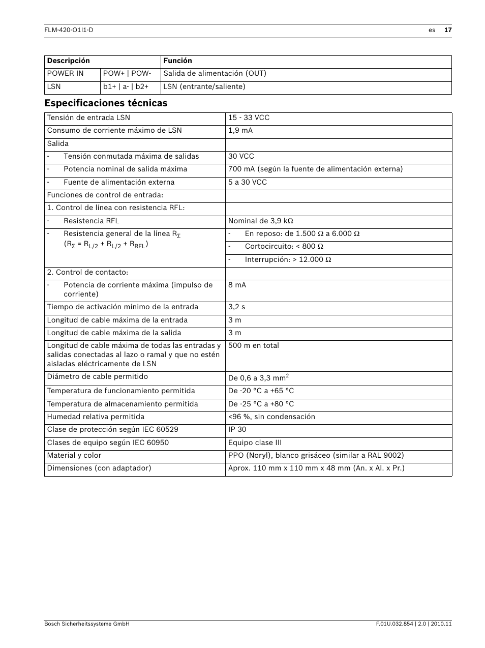 Especificaciones técnicas | Bosch FLM-420-O1I1 Output-input Interface Modules User Manual | Page 17 / 40