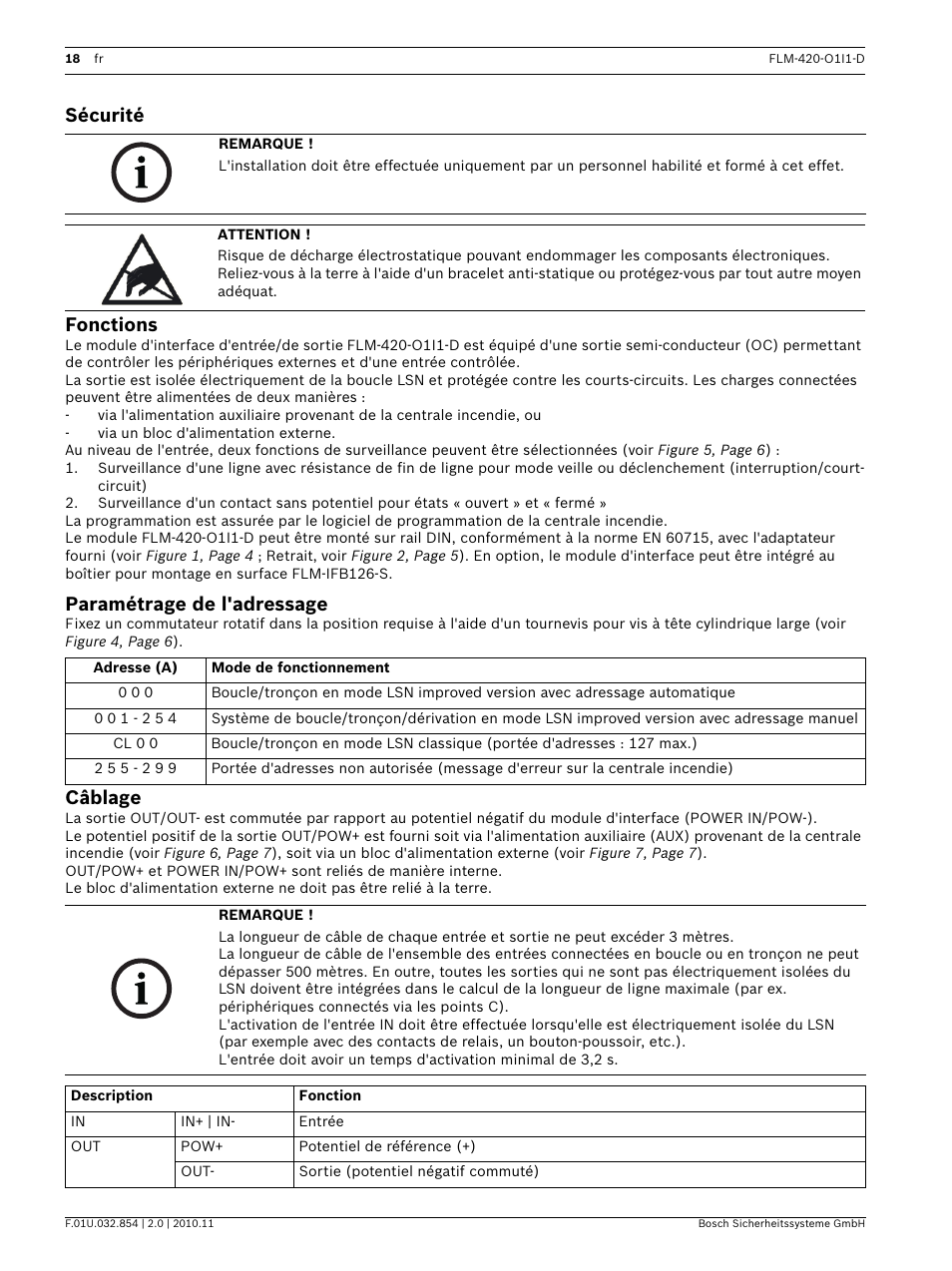 Sécurité, Fonctions, Paramétrage de l'adressage | Câblage, Sécurité fonctions | Bosch FLM-420-O1I1 Output-input Interface Modules User Manual | Page 18 / 40