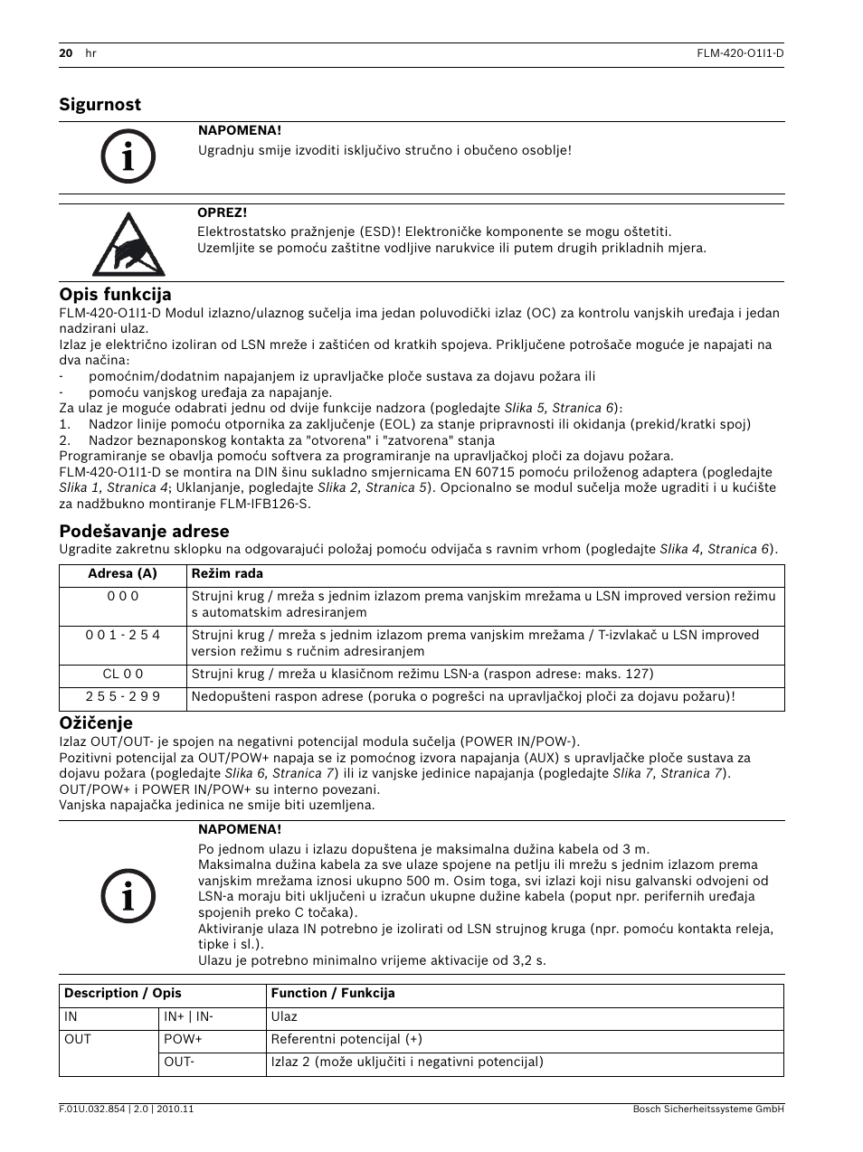 Sigurnost, Opis funkcija, Podešavanje adrese | Ožičenje, Sigurnost opis funkcija | Bosch FLM-420-O1I1 Output-input Interface Modules User Manual | Page 20 / 40