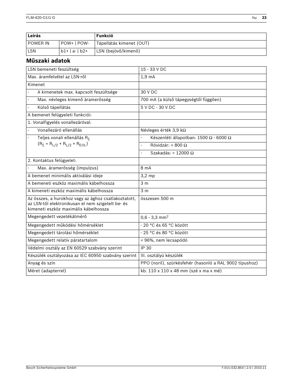 Műszaki adatok | Bosch FLM-420-O1I1 Output-input Interface Modules User Manual | Page 23 / 40