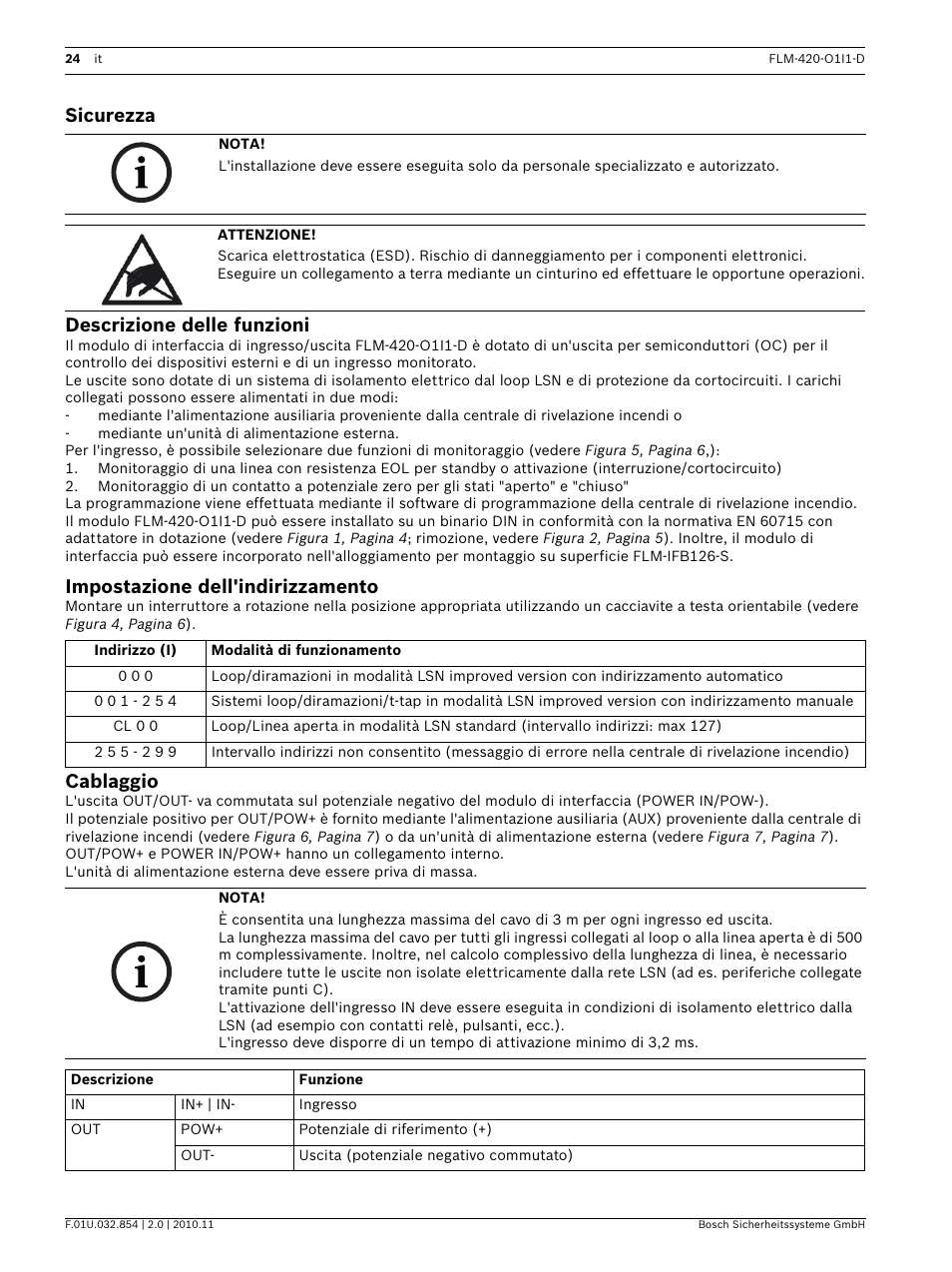 Sicurezza, Descrizione delle funzioni, Impostazione dell'indirizzamento | Cablaggio, Sicurezza descrizione delle funzioni | Bosch FLM-420-O1I1 Output-input Interface Modules User Manual | Page 24 / 40