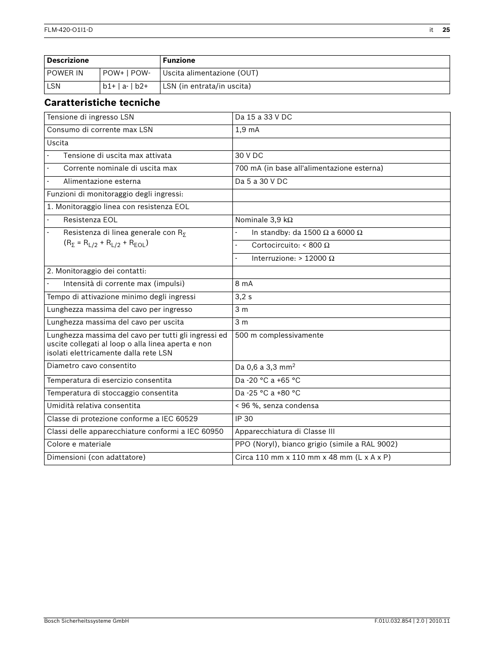 Caratteristiche tecniche | Bosch FLM-420-O1I1 Output-input Interface Modules User Manual | Page 25 / 40