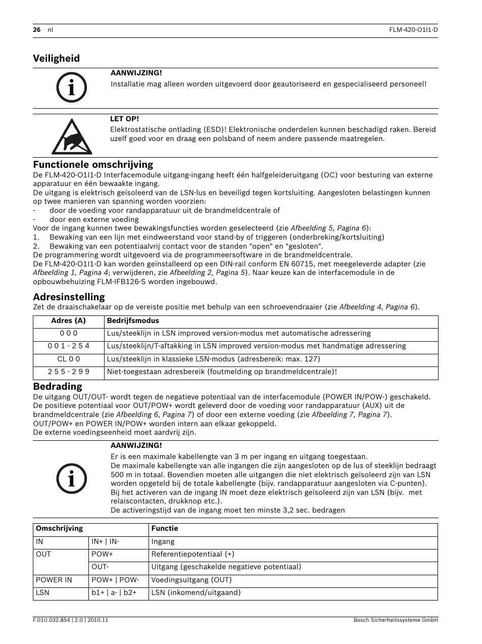 Veiligheid, Functionele omschrijving, Adresinstelling | Bedrading, Veiligheid functionele omschrijving | Bosch FLM-420-O1I1 Output-input Interface Modules User Manual | Page 26 / 40