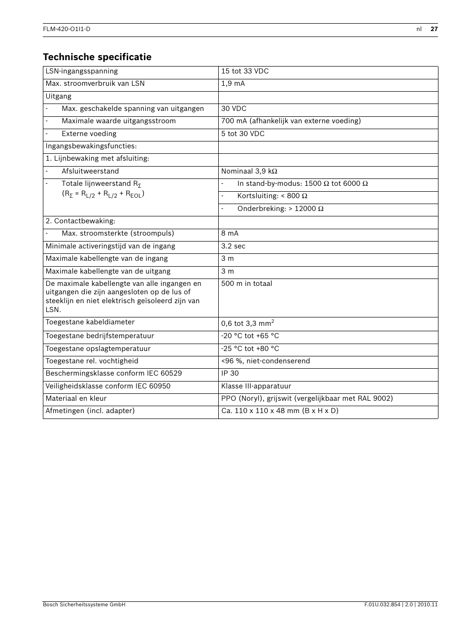 Technische specificatie | Bosch FLM-420-O1I1 Output-input Interface Modules User Manual | Page 27 / 40