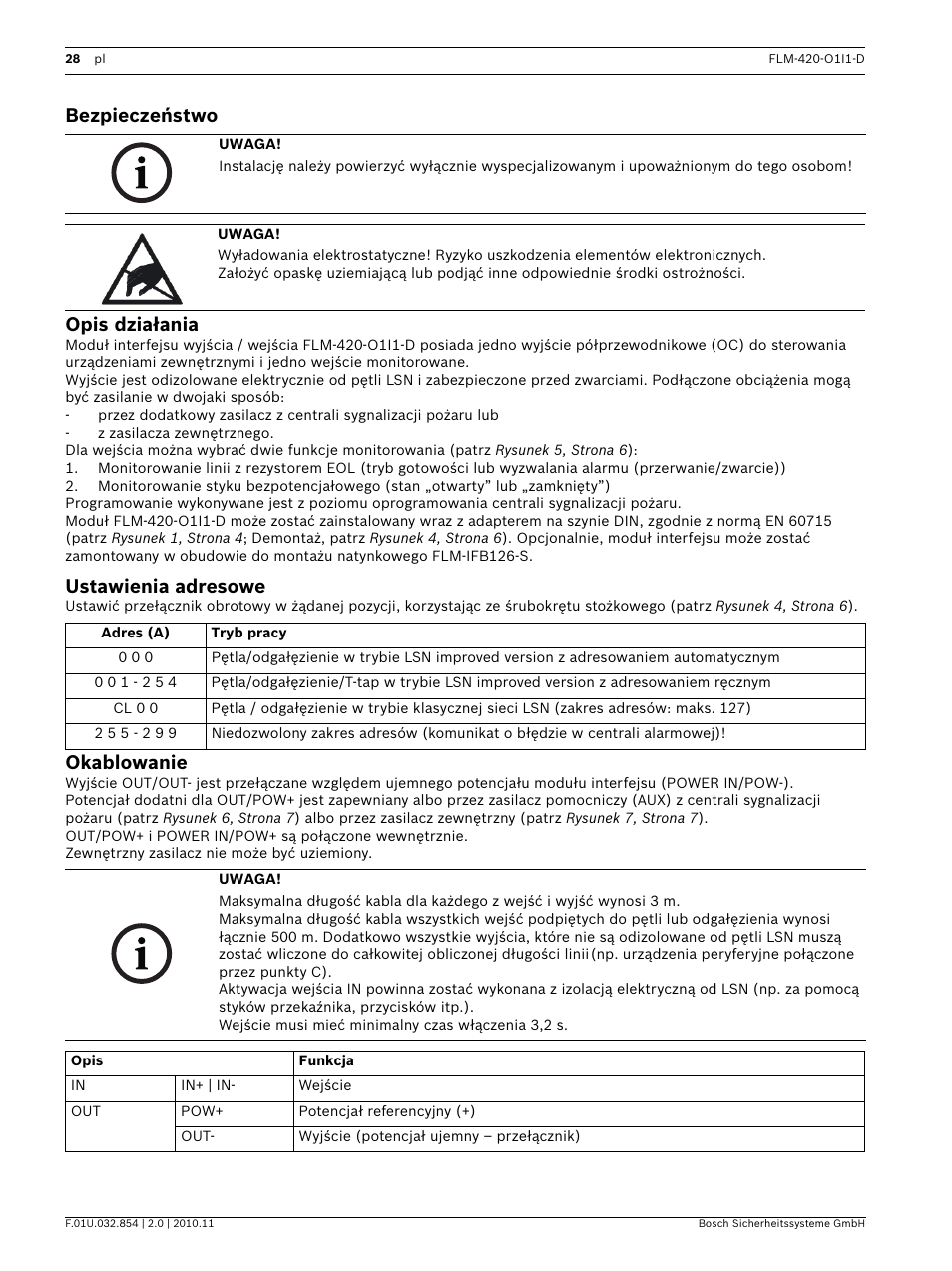 Bezpieczeństwo, Opis działania, Ustawienia adresowe | Okablowanie, Bezpieczeństwo opis działania | Bosch FLM-420-O1I1 Output-input Interface Modules User Manual | Page 28 / 40