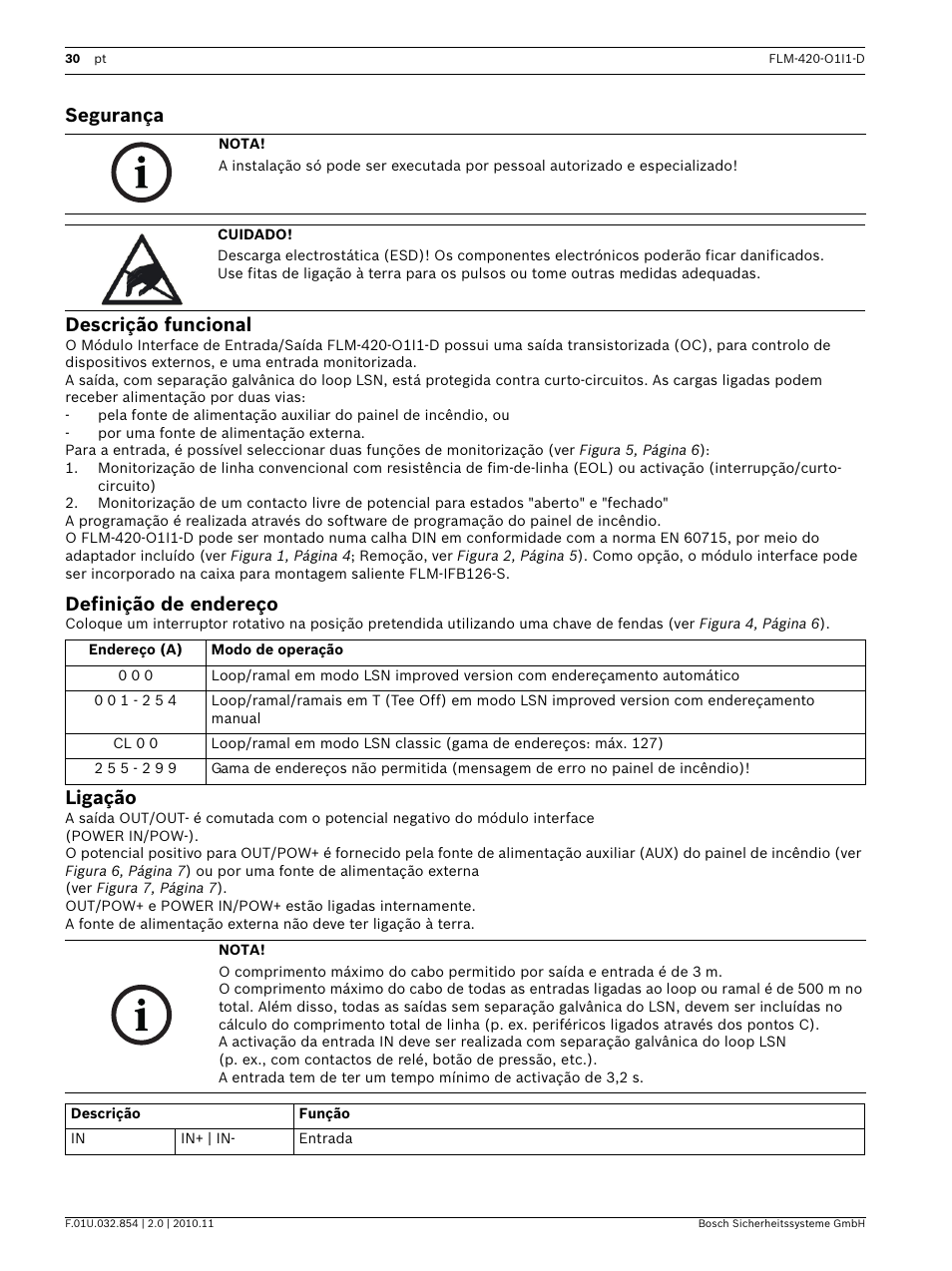 Segurança, Descrição funcional, Definição de endereço | Ligação, Segurança descrição funcional | Bosch FLM-420-O1I1 Output-input Interface Modules User Manual | Page 30 / 40