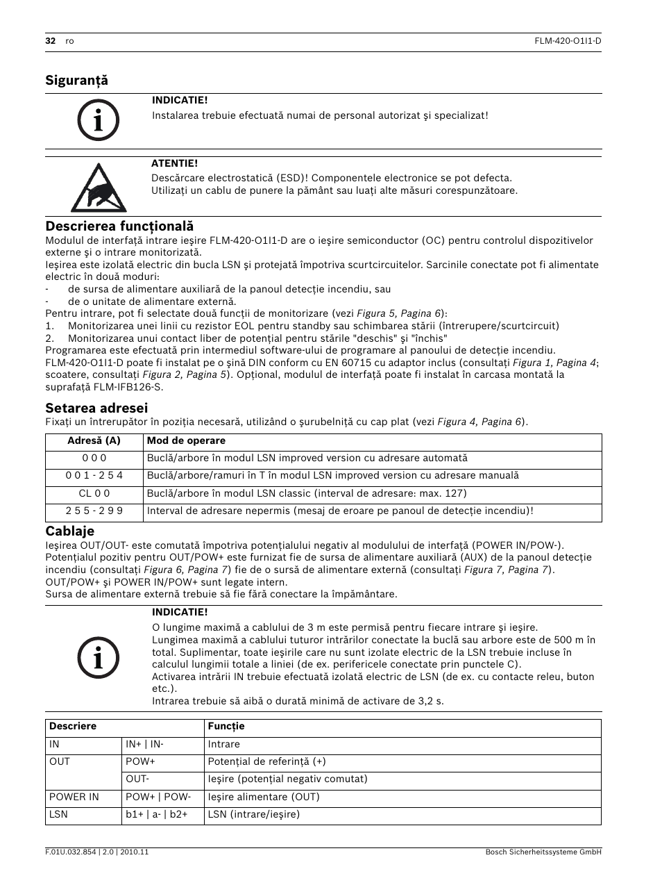 Siguranţă, Descrierea funcţională, Setarea adresei | Cablaje, Siguranţă descrierea funcţională | Bosch FLM-420-O1I1 Output-input Interface Modules User Manual | Page 32 / 40