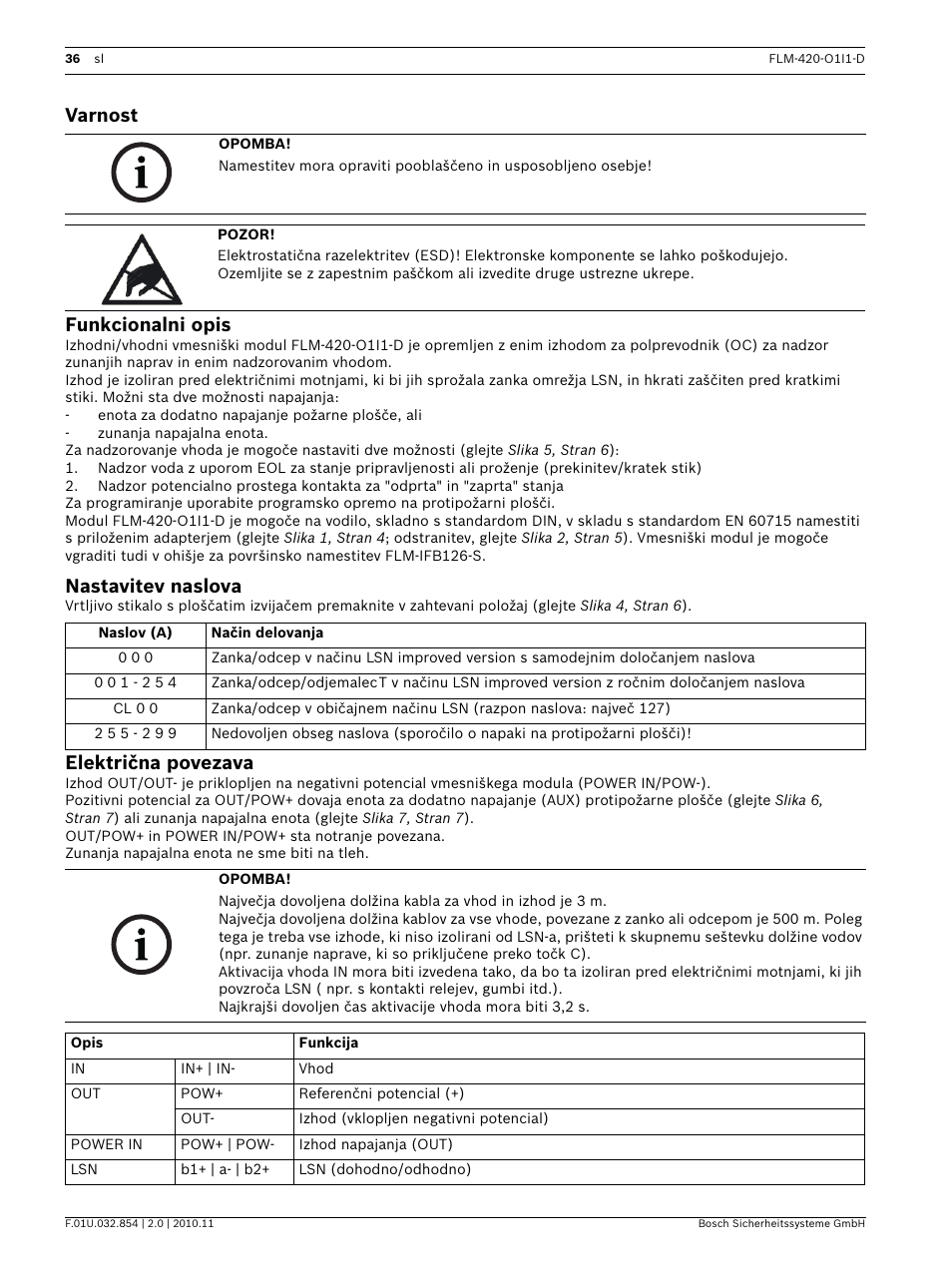 Varnost, Funkcionalni opis, Nastavitev naslova | Električna povezava, Varnost funkcionalni opis | Bosch FLM-420-O1I1 Output-input Interface Modules User Manual | Page 36 / 40