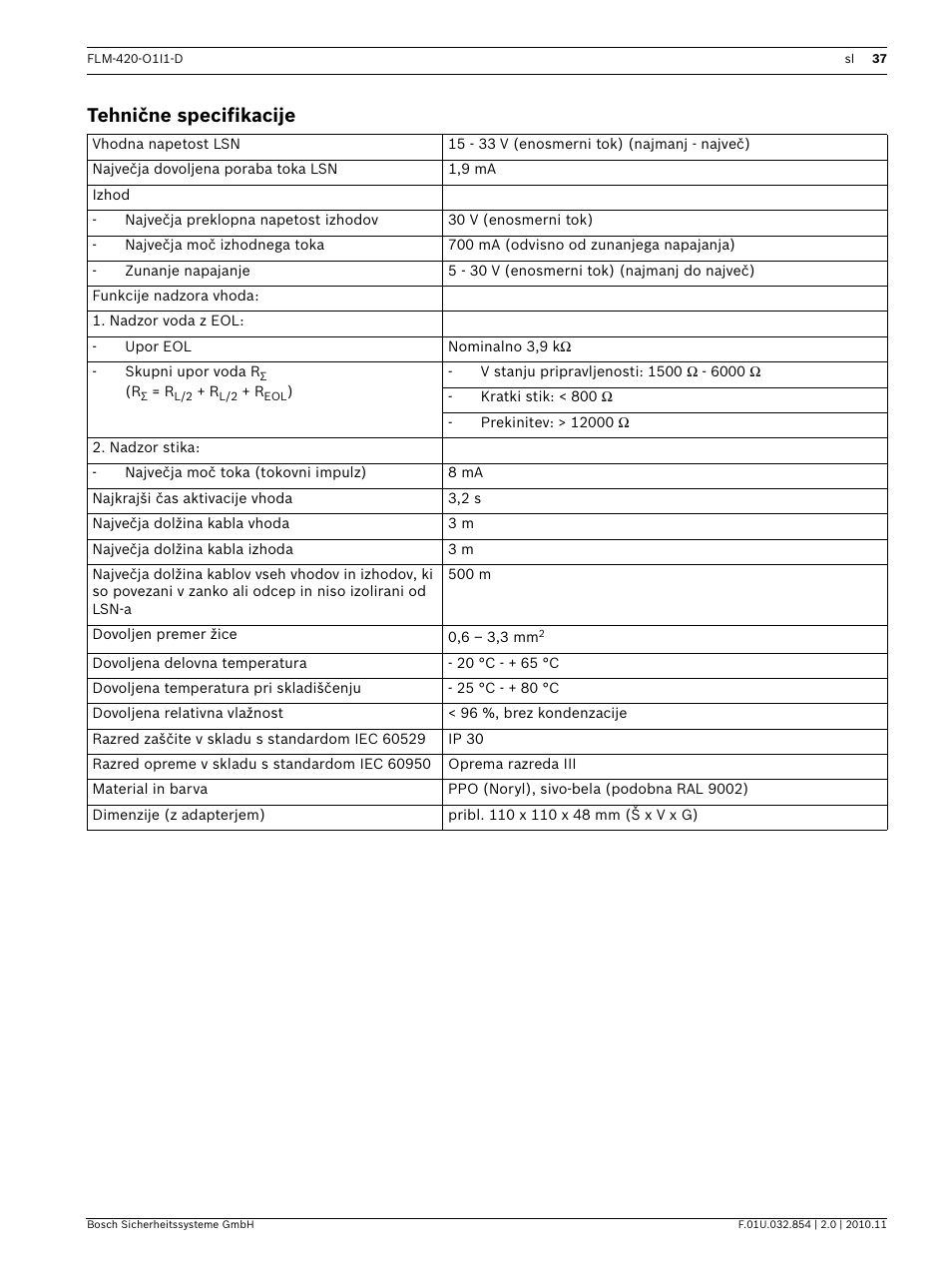 Tehnične specifikacije | Bosch FLM-420-O1I1 Output-input Interface Modules User Manual | Page 37 / 40