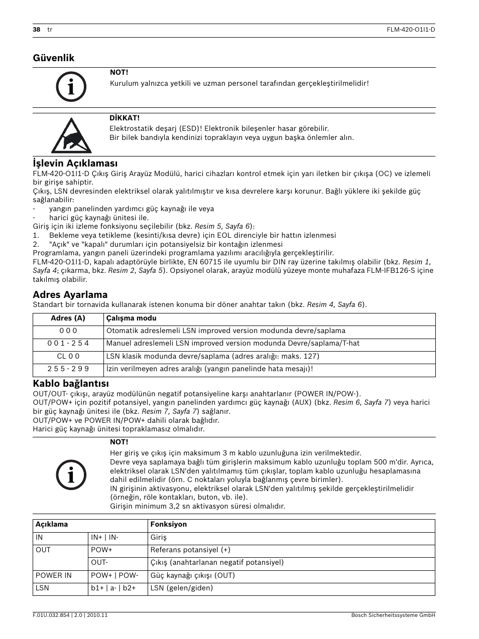 Güvenlik, Işlevin açıklaması, Adres ayarlama | Kablo bağlantısı, Güvenlik işlevin açıklaması | Bosch FLM-420-O1I1 Output-input Interface Modules User Manual | Page 38 / 40