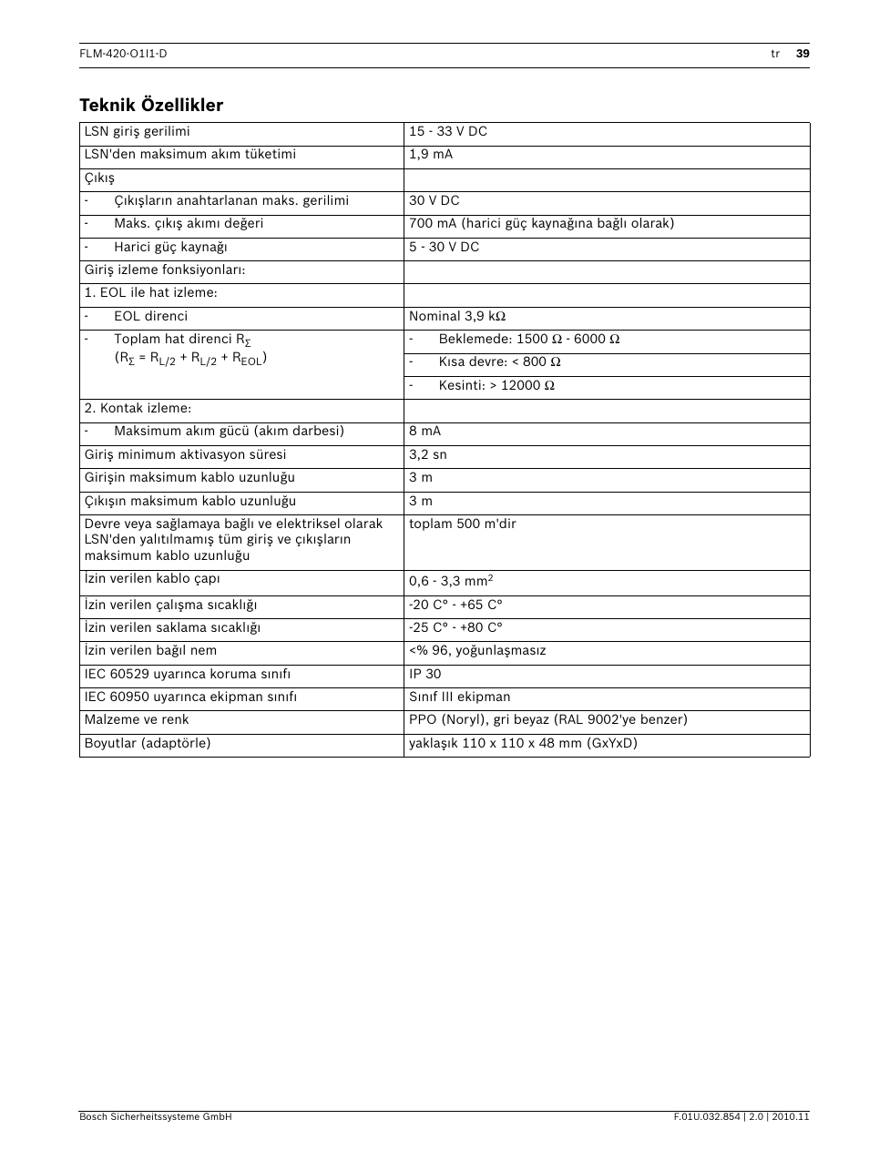 Teknik özellikler | Bosch FLM-420-O1I1 Output-input Interface Modules User Manual | Page 39 / 40