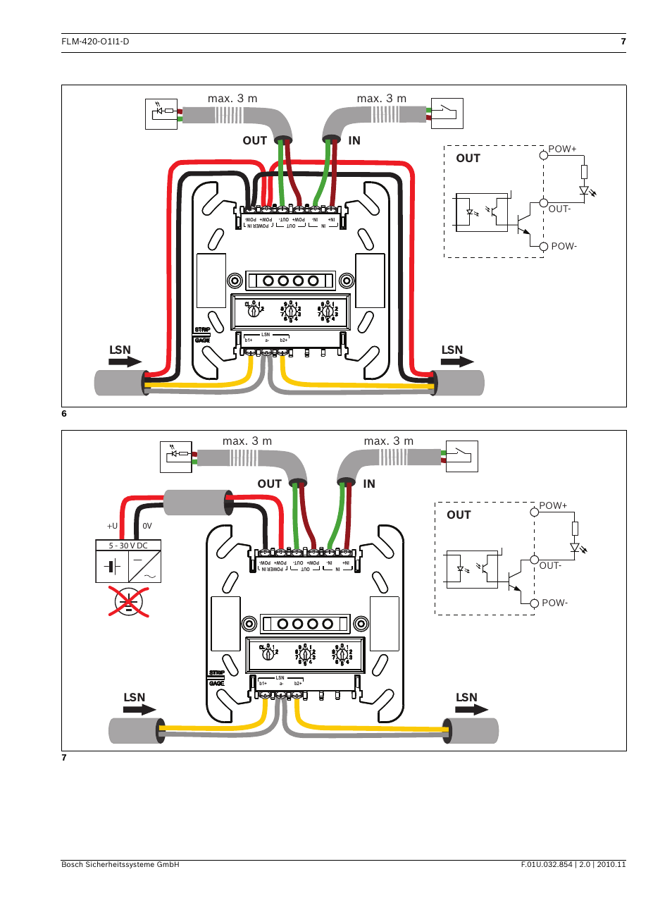 Lsn out in lsn, Max. 3 m, Out in max. 3 m max. 3 m | Bosch FLM-420-O1I1 Output-input Interface Modules User Manual | Page 7 / 40