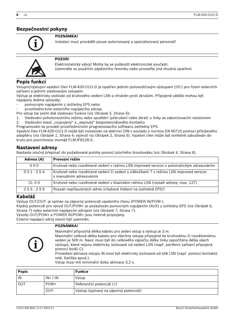 Bezpečnostní pokyny, Popis funkcí, Nastavení adresy | Kabeláž, Bezpečnostní pokyny popis funkcí | Bosch FLM-420-O1I1 Output-input Interface Modules User Manual | Page 8 / 40