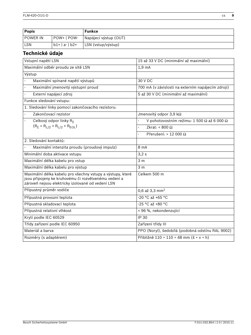 Technické údaje | Bosch FLM-420-O1I1 Output-input Interface Modules User Manual | Page 9 / 40