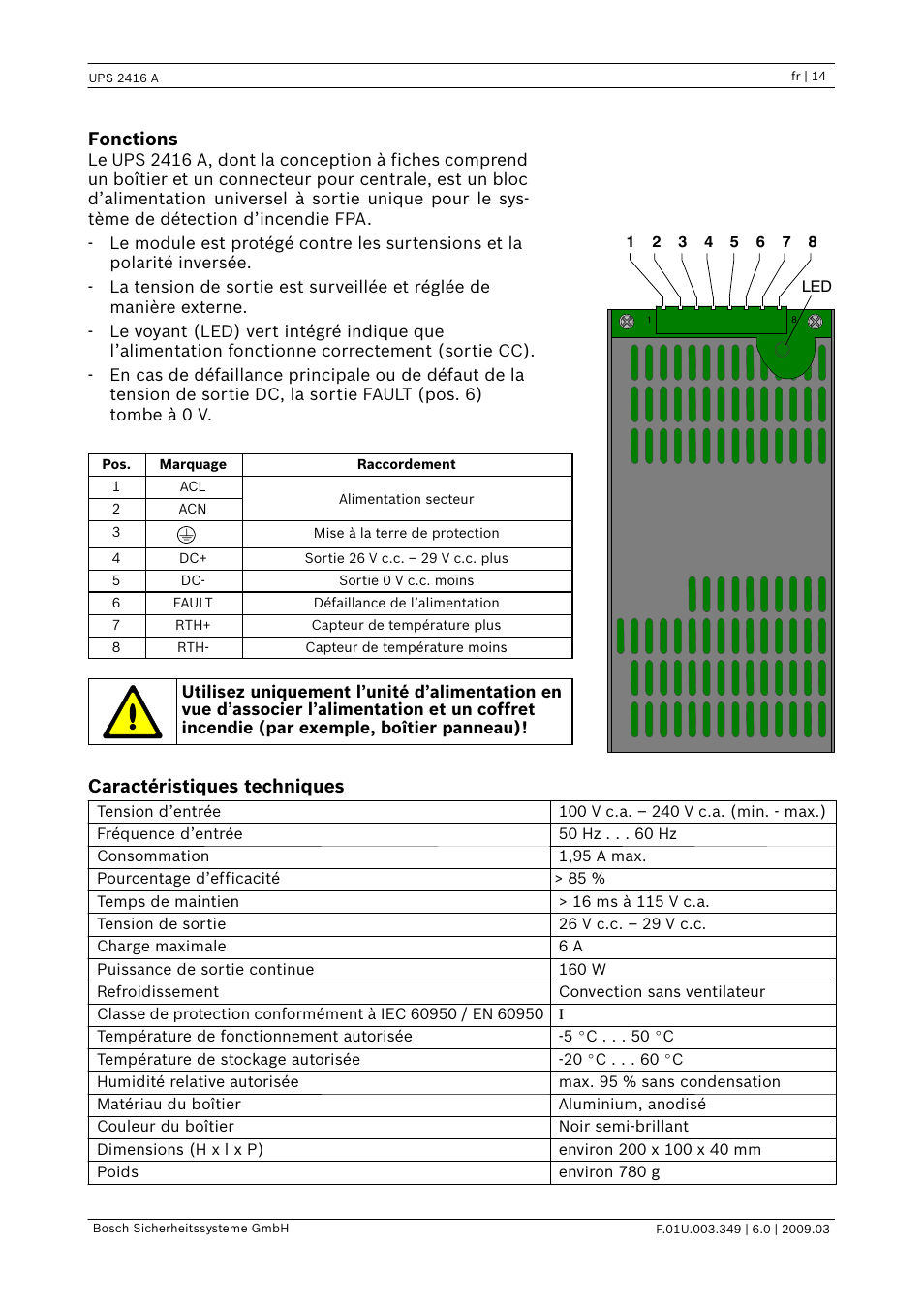 Fonctions, Caractéristiques techniques | Bosch FPP-5000 External Power Supply Unit Kit 24 V User Manual | Page 14 / 28