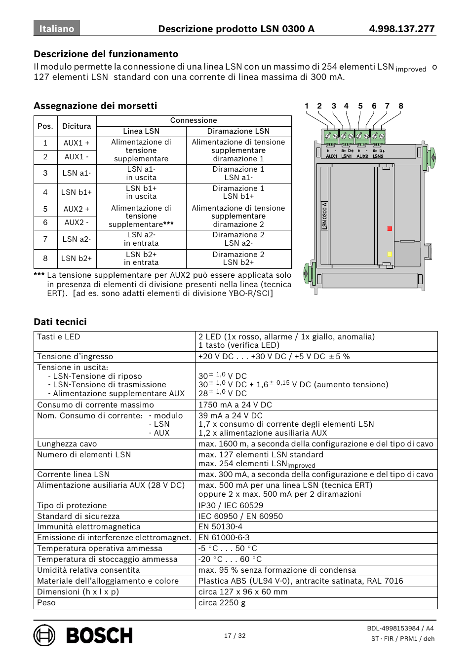 Descrizione del funzionamento, Assegnazione dei morsetti, Dati tecnici | Bosch LSN 0300 A LSN improved Module 300 mA User Manual | Page 17 / 32