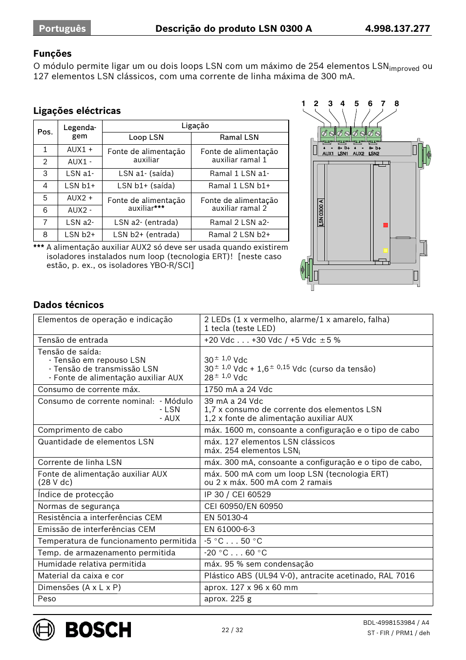 Funções, Ligações eléctricas, Dados técnicos | Bosch LSN 0300 A LSN improved Module 300 mA User Manual | Page 22 / 32
