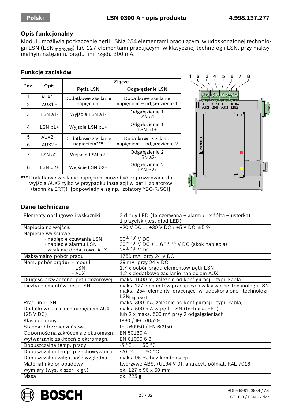 Opis funkcjonalny, Funkcje zacisków, Dane techniczne | Bosch LSN 0300 A LSN improved Module 300 mA User Manual | Page 23 / 32