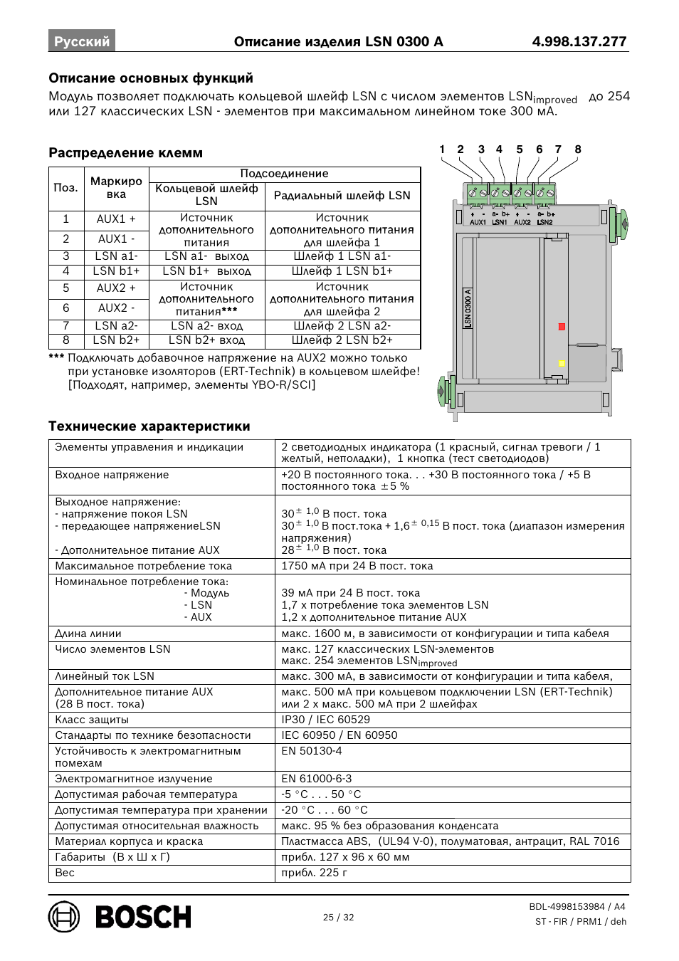 Описание основных функций, Распределение клемм, Технические характеристики | Bosch LSN 0300 A LSN improved Module 300 mA User Manual | Page 25 / 32