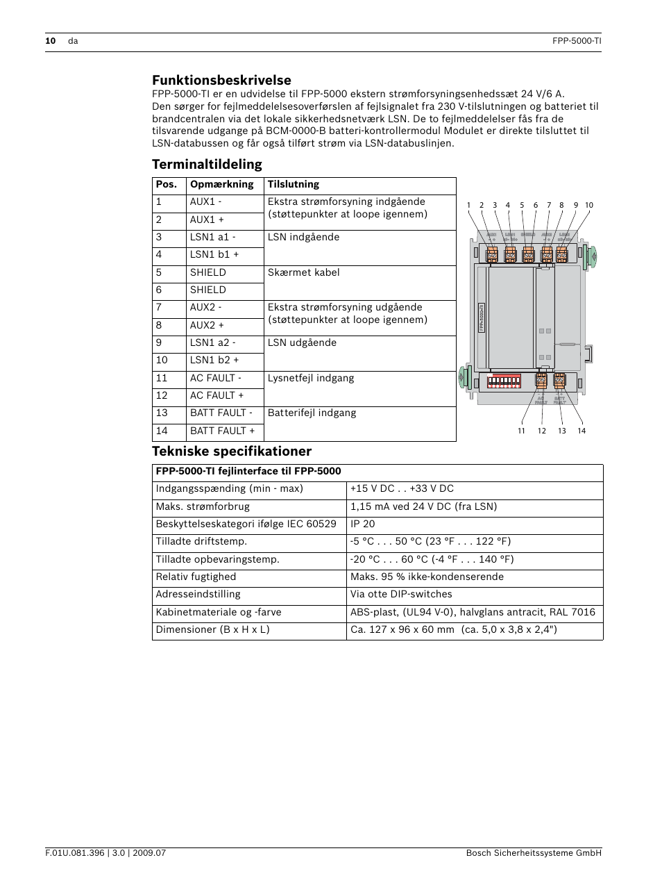 Terminaltildeling, Tekniske specifikationer, Funktionsbeskrivelse | Terminaltildeling tekniske specifikationer | Bosch FPP-5000-TI Trouble Interface for FPP-5000 User Manual | Page 10 / 28