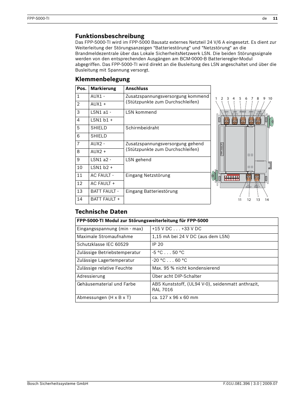 Klemmenbelegung, Technische daten, Funktionsbeschreibung | Klemmenbelegung technische daten | Bosch FPP-5000-TI Trouble Interface for FPP-5000 User Manual | Page 11 / 28