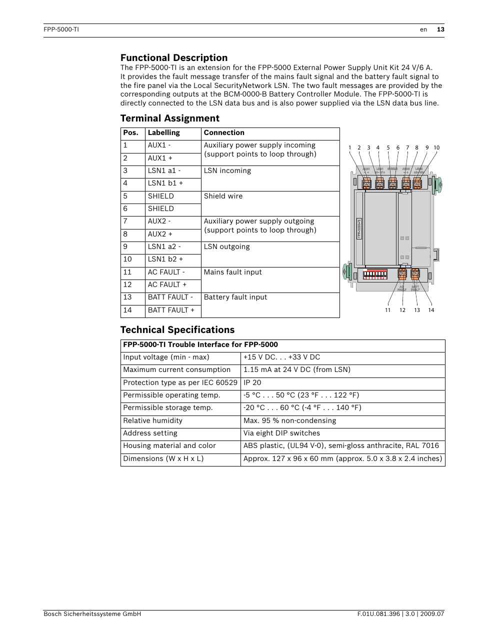 Terminal assignment, Technical specifications, Functional description | Terminal assignment technical specifications | Bosch FPP-5000-TI Trouble Interface for FPP-5000 User Manual | Page 13 / 28