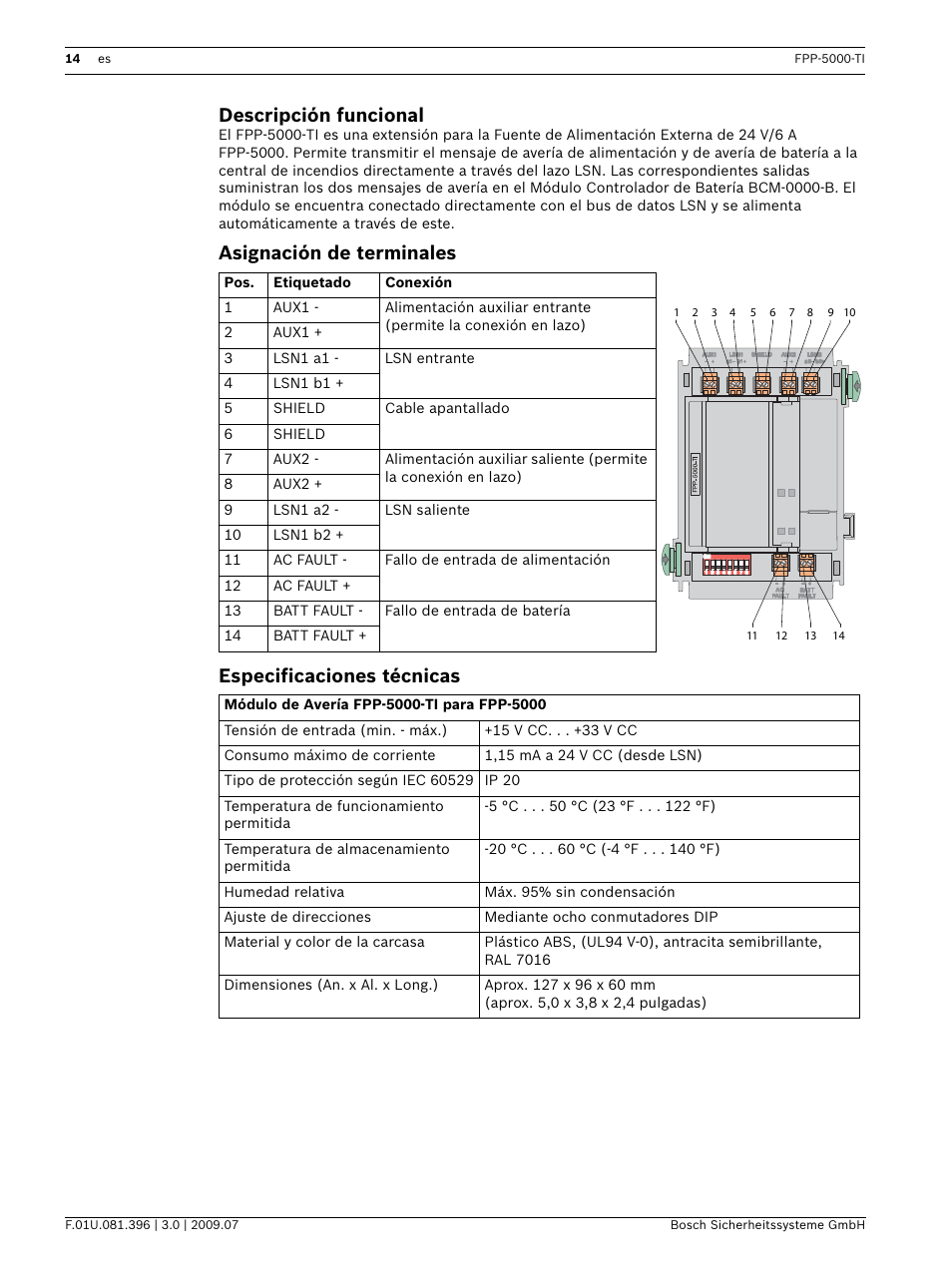 Asignación de terminales, Especificaciones técnicas, Descripción funcional | Asignación de terminales especificaciones técnicas | Bosch FPP-5000-TI Trouble Interface for FPP-5000 User Manual | Page 14 / 28