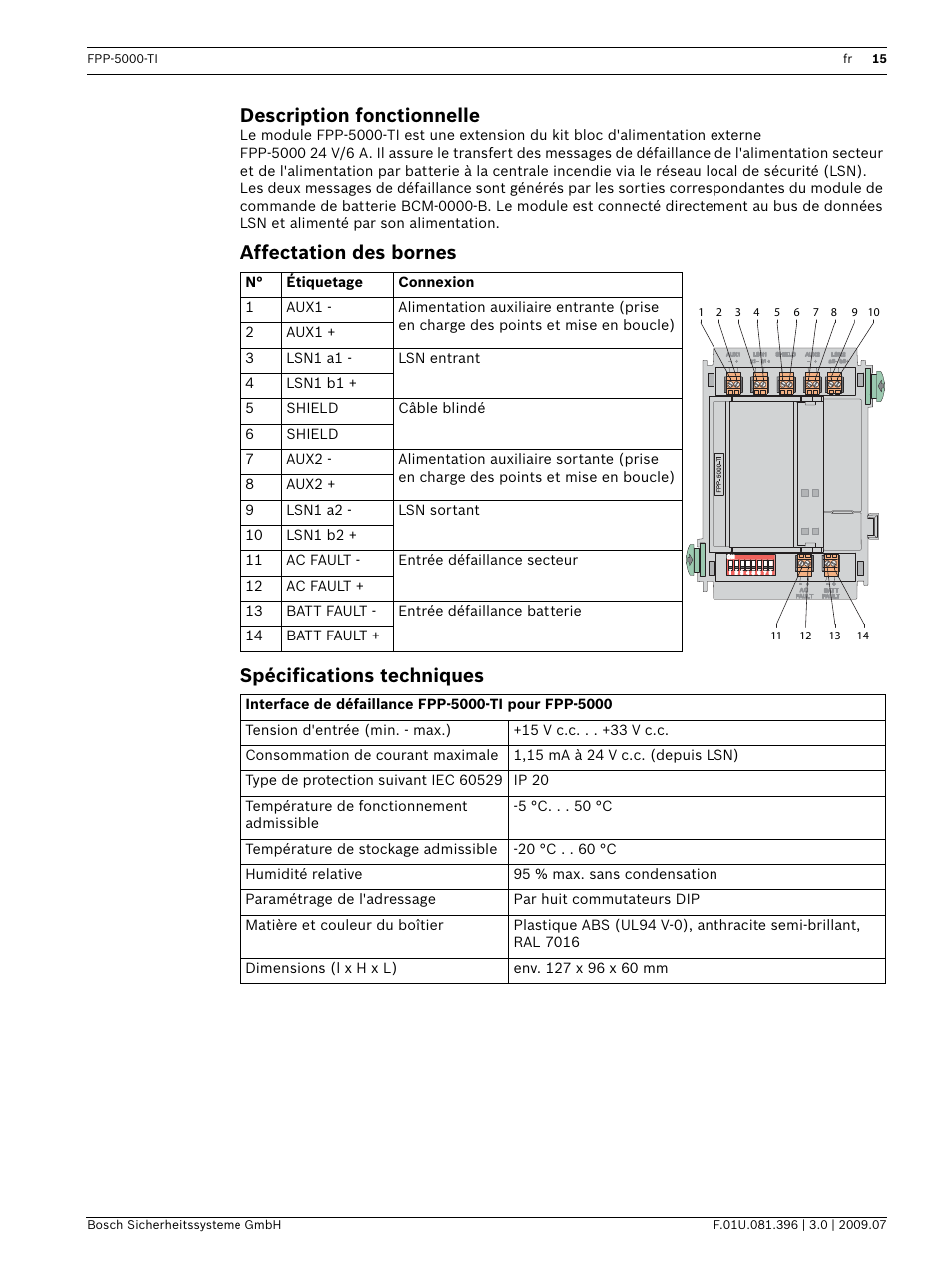 Affectation des bornes, Spécifications techniques, Description fonctionnelle | Affectation des bornes spécifications techniques | Bosch FPP-5000-TI Trouble Interface for FPP-5000 User Manual | Page 15 / 28