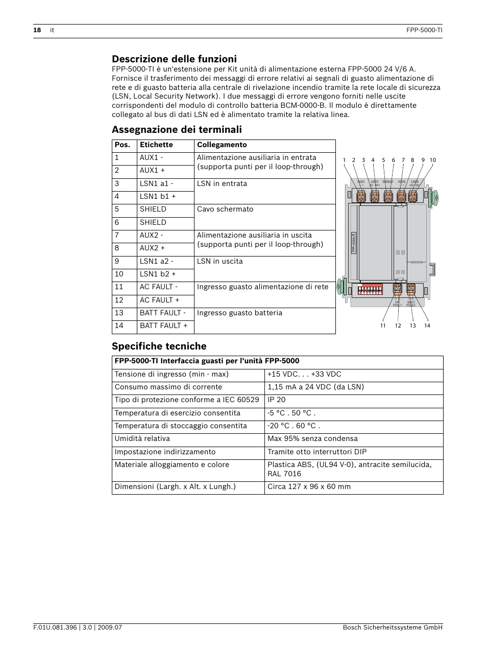 Assegnazione dei terminali, Specifiche tecniche, Descrizione delle funzioni | Assegnazione dei terminali specifiche tecniche | Bosch FPP-5000-TI Trouble Interface for FPP-5000 User Manual | Page 18 / 28