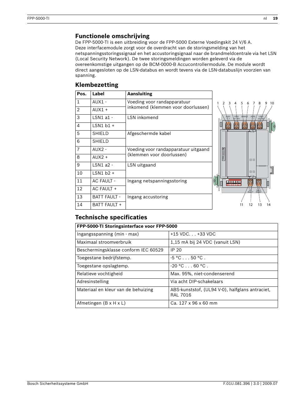 Klembezetting, Technische specificaties, Functionele omschrijving | Klembezetting technische specificaties | Bosch FPP-5000-TI Trouble Interface for FPP-5000 User Manual | Page 19 / 28