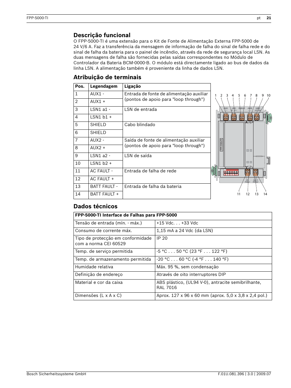 Atribuição de terminais, Dados técnicos, Descrição funcional | Atribuição de terminais dados técnicos | Bosch FPP-5000-TI Trouble Interface for FPP-5000 User Manual | Page 21 / 28