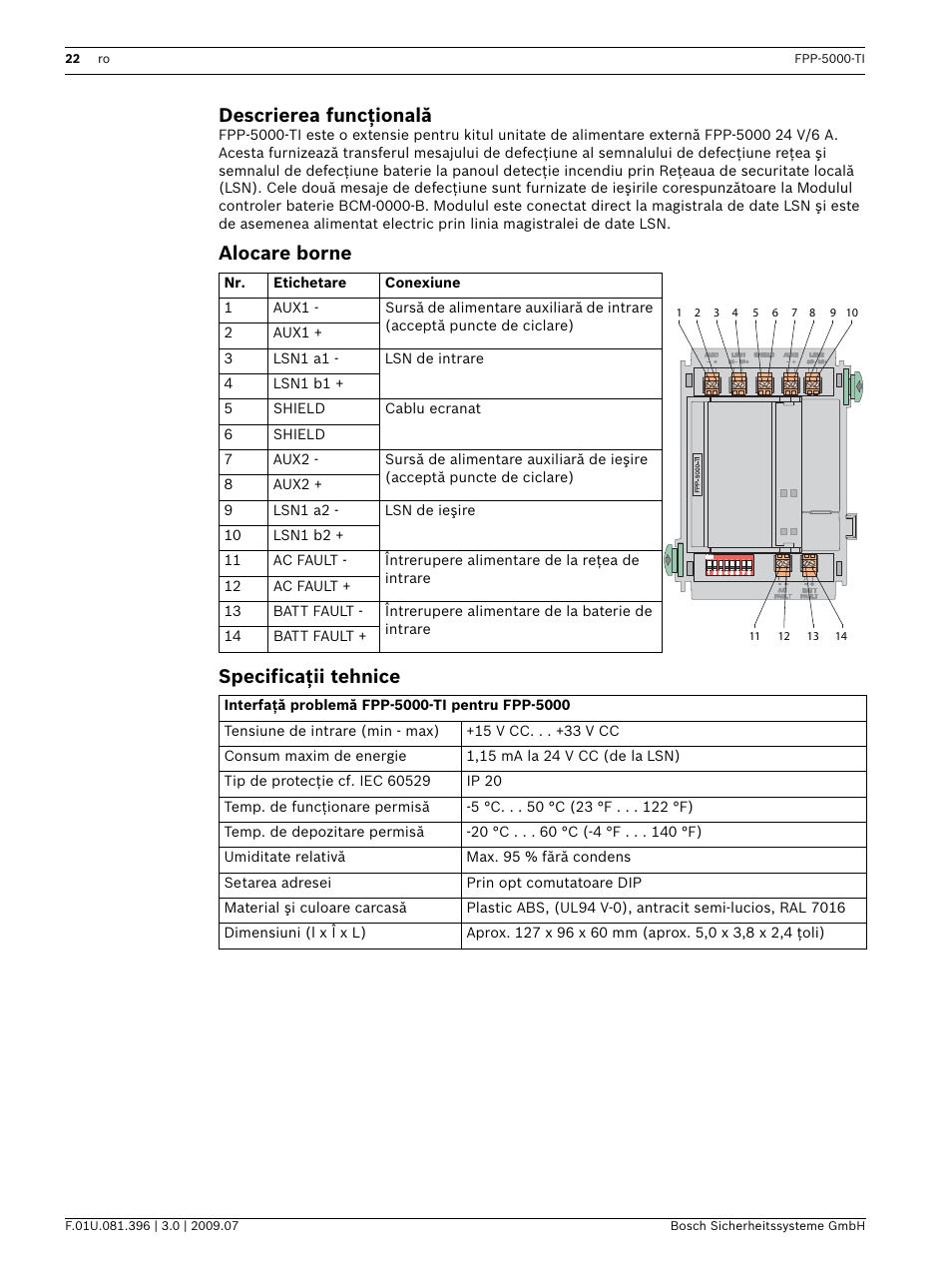 Alocare borne, Specificaţii tehnice, Descrierea funcţională | Alocare borne specificaţii tehnice | Bosch FPP-5000-TI Trouble Interface for FPP-5000 User Manual | Page 22 / 28