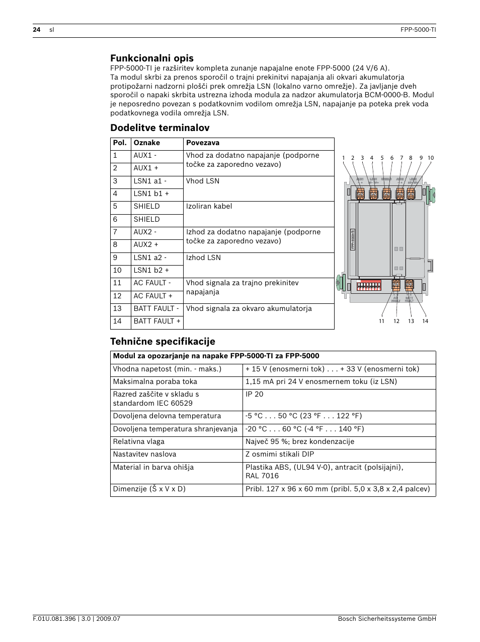 Dodelitve terminalov, Tehniċne specifikacije, Funkcionalni opis | Dodelitve terminalov tehnične specifikacije | Bosch FPP-5000-TI Trouble Interface for FPP-5000 User Manual | Page 24 / 28